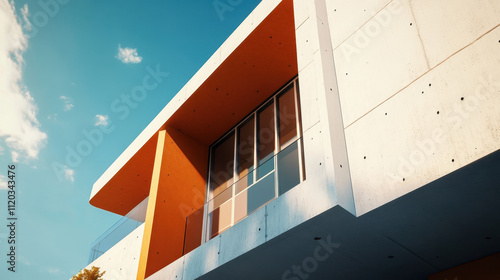 Modern architectural design featuring a striking concrete facade and large windows.