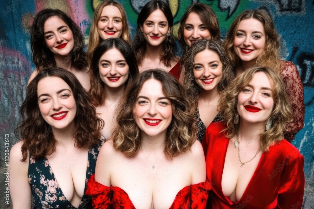 Fototapeta premium Group of young caucasian females smiling in front of vibrant graffiti wall
