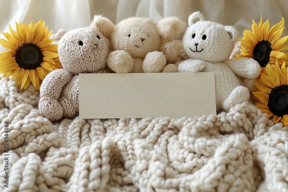 A cozy arrangement of knitted teddy bears and sunflowers on a soft blanket. A cozy arrangement of knitted teddy bears and sunflowers on a soft blanket.
