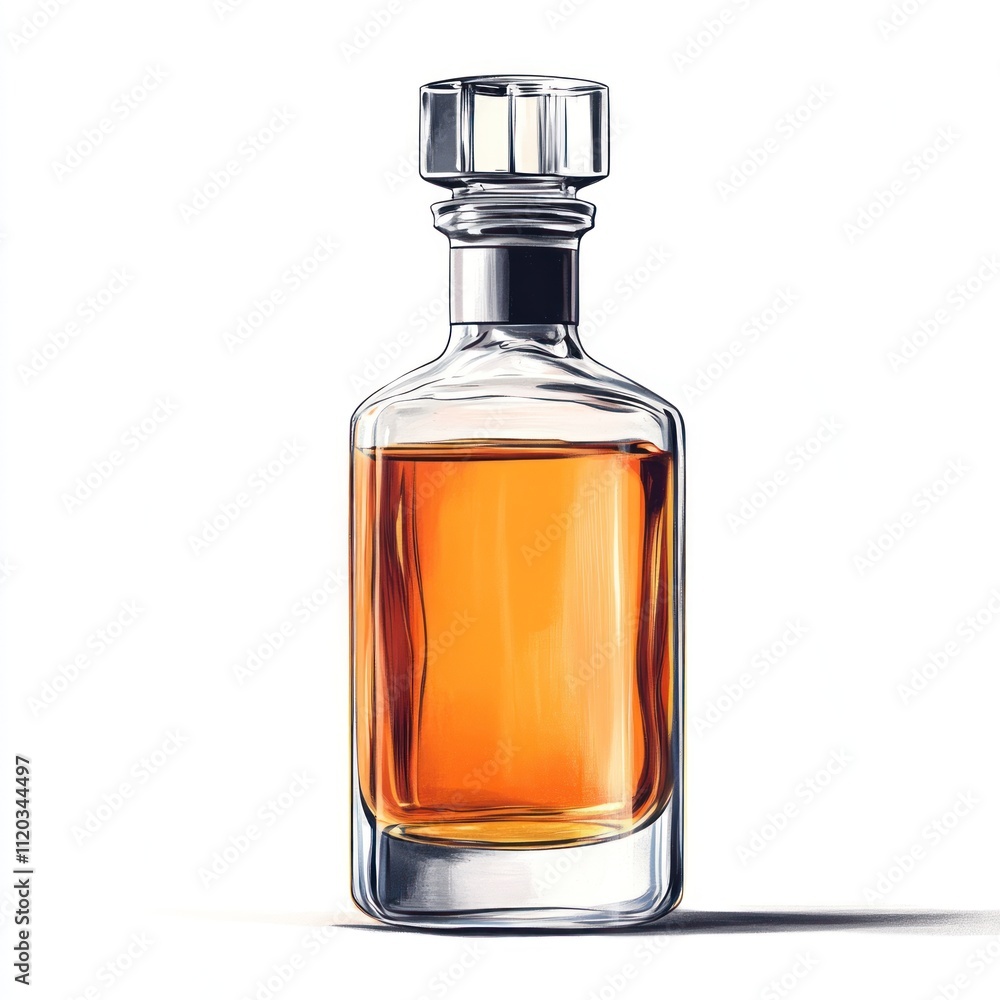 A glass bottle filled with amber liquid, likely whiskey or a similar spirit. A glass bottle filled with amber liquid, likely whiskey or a similar spirit.