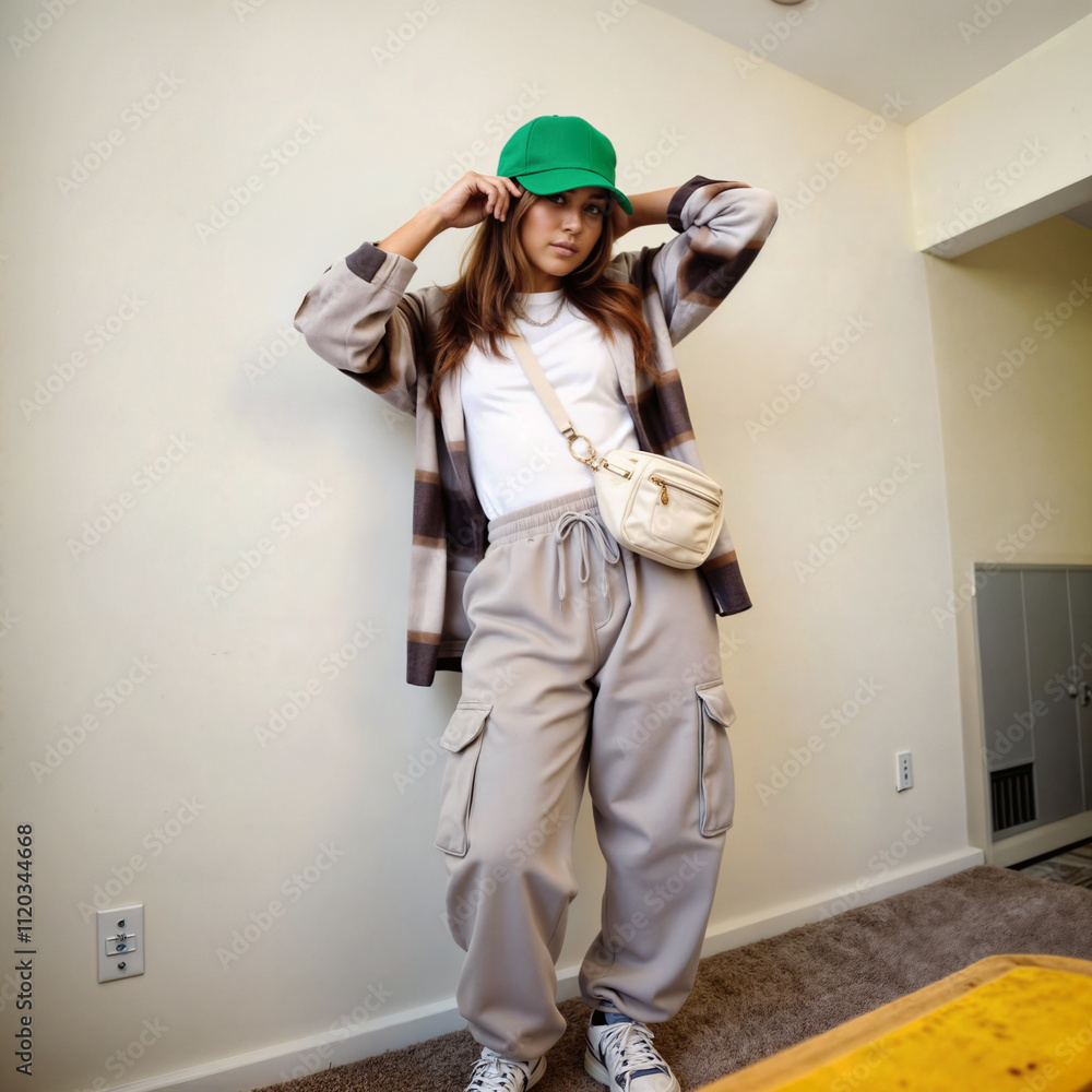 Naklejka premium Young Asian woman in casual streetwear outfit with green baseball cap, striped cardigan and cargo pants posing against white wall, modern urban fashion lifestyle