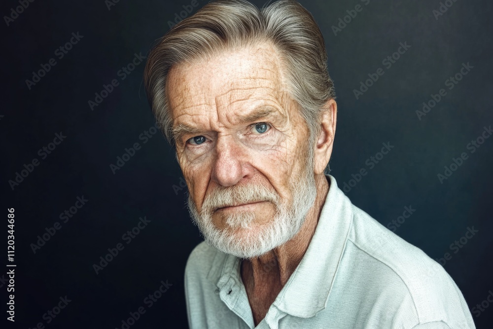 Fototapeta premium Elderly caucasian male with thoughtful expression against dark background