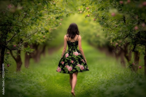 Asian female in floral dress walking through orchard pathway with blooming trees