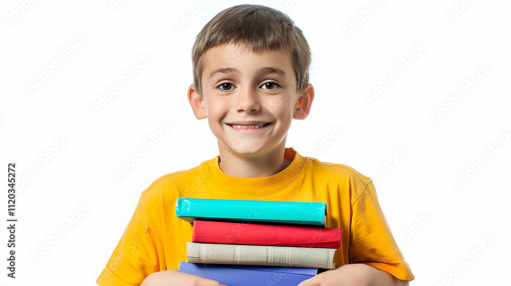 smiling boy holding stack of books isolated on white smiling boy holding stack of books isolated on white