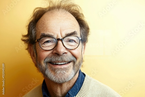 Elderly caucasian male with glasses smiling against yellow background