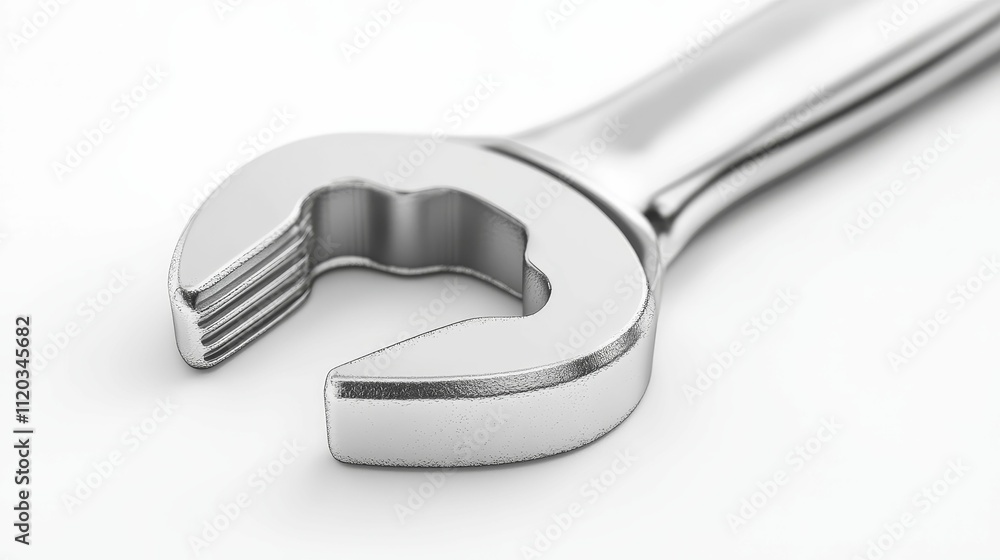 Close-up, metallic wrench, open end, white background. Close-up, metallic wrench, open end, white background.