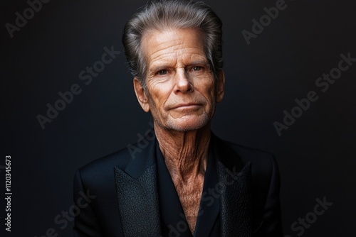 Elderly caucasian male with gray hair in formal black suit against dark background