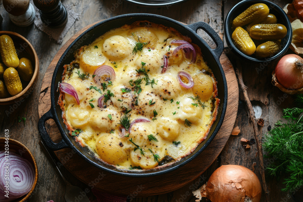 A rustic table setting with melted raclette cheese poured over boiled potatoes, with pickles and onions on the side