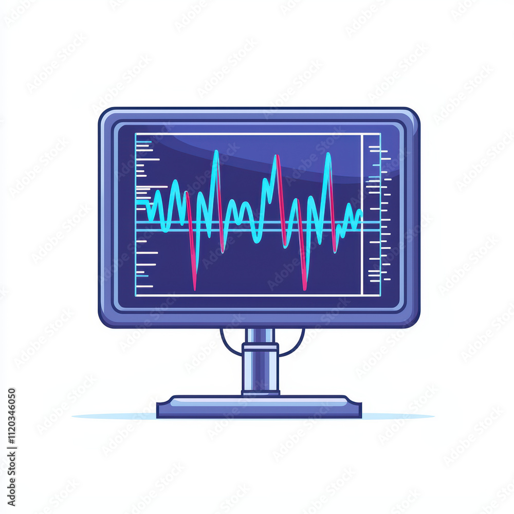 of EKG monitor displaying heart rate data in blue and red. This medical device is essential for monitoring patient health and vital signs of EKG monitor displaying heart rate data in blue and red. This medical device is essential for monitoring patient health and vital signs