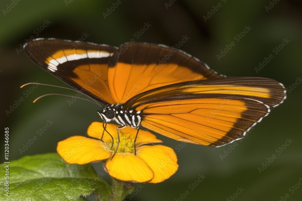Orange and black butterfly resting on a vibrant yellow flower Orange and black butterfly resting on a vibrant yellow flower