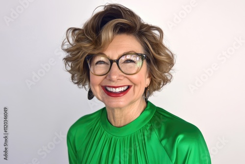 Mature caucasian female smiling in green blouse with glasses and curly hair