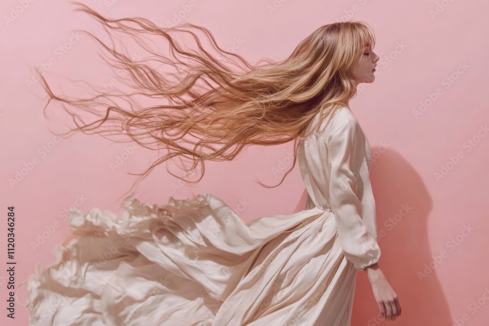 Young caucasian female with flowing hair in elegant dress against pink background Young caucasian female with flowing hair in elegant dress against pink background