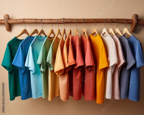 Bright assortment of multicolored t-shirts on a rustic wooden hanger set against a beige background