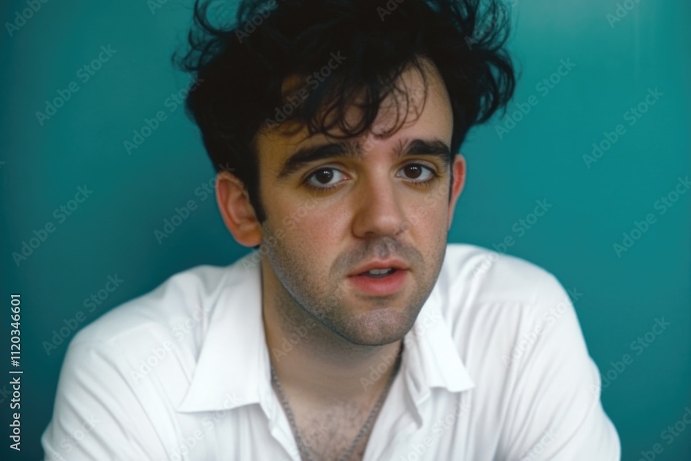 Fototapeta premium Young caucasian male with curly hair against teal background