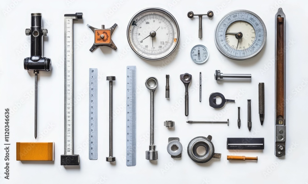 Obraz premium Precision instruments arranged symmetrically on white.