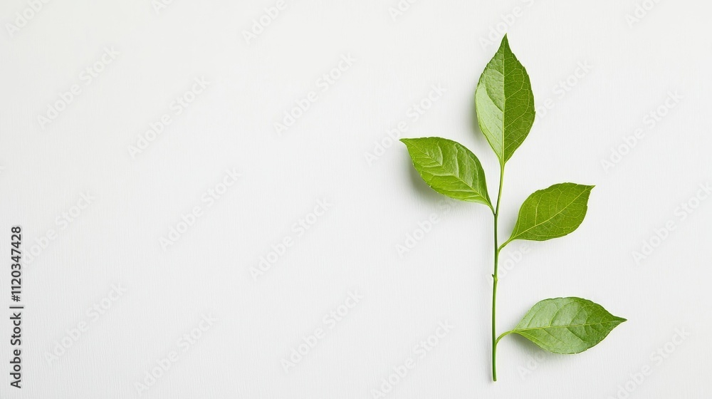 Obraz premium Green plant sprig, leaves, white background.