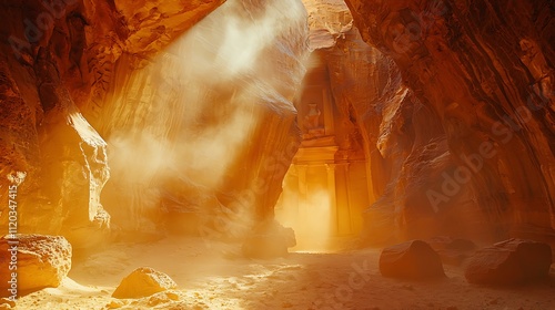 A cave with a light shining through it