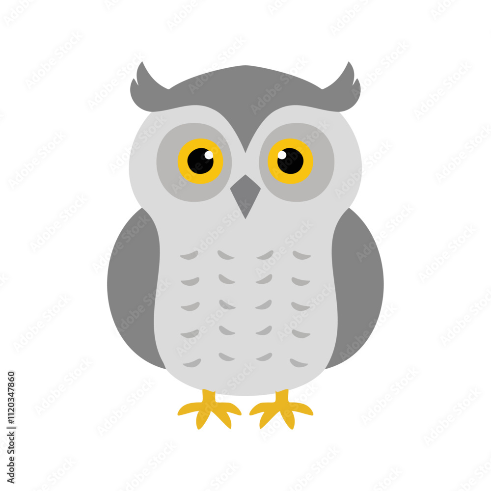 Flat vector illustration of a stylized snow owl with white body, yellow eyes, and gray accents, minimalistic design, cartoonish style, plain white background Flat vector illustration of a stylized snow owl with white body, yellow eyes, and gray accents, minimalistic design, cartoonish style, plain white background