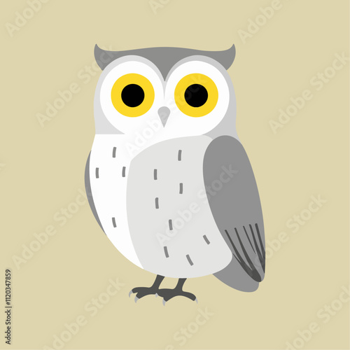 Flat vector illustration of a stylized snow owl with white body, yellow eyes, and gray accents, minimalistic design, cartoonish style, plain white background