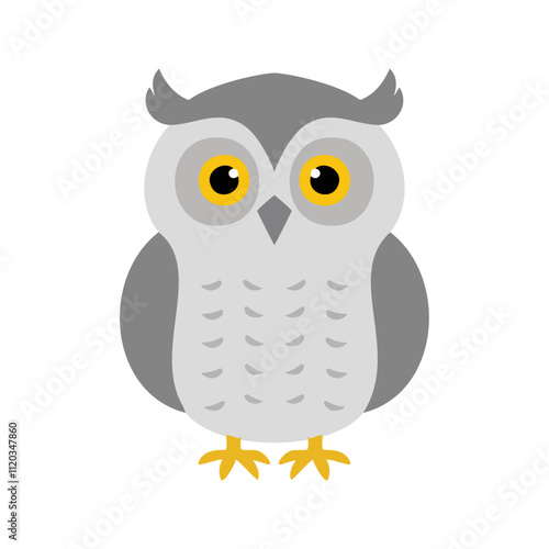 Flat vector illustration of a stylized snow owl with white body, yellow eyes, and gray accents, minimalistic design, cartoonish style, plain white background photo