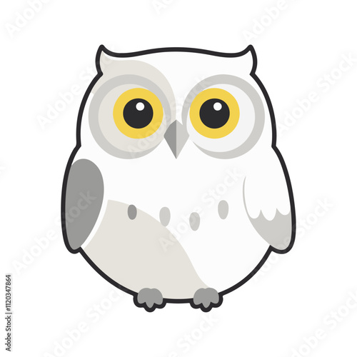 Flat vector illustration of a stylized snow owl with white body, yellow eyes, and gray accents, minimalistic design, cartoonish style, plain white background photo