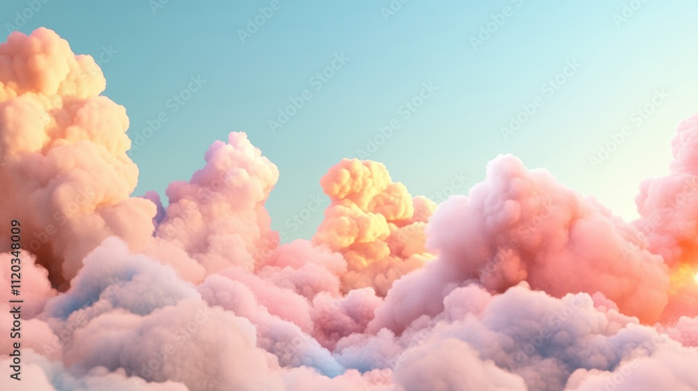 dreamy pastel sky filled with fluffy, colorful clouds in shades of pink, orange, and white, illuminated by soft sunlight against pale blue background dreamy pastel sky filled with fluffy, colorful clouds in shades of pink, orange, and white, illuminated by soft sunlight against pale blue background