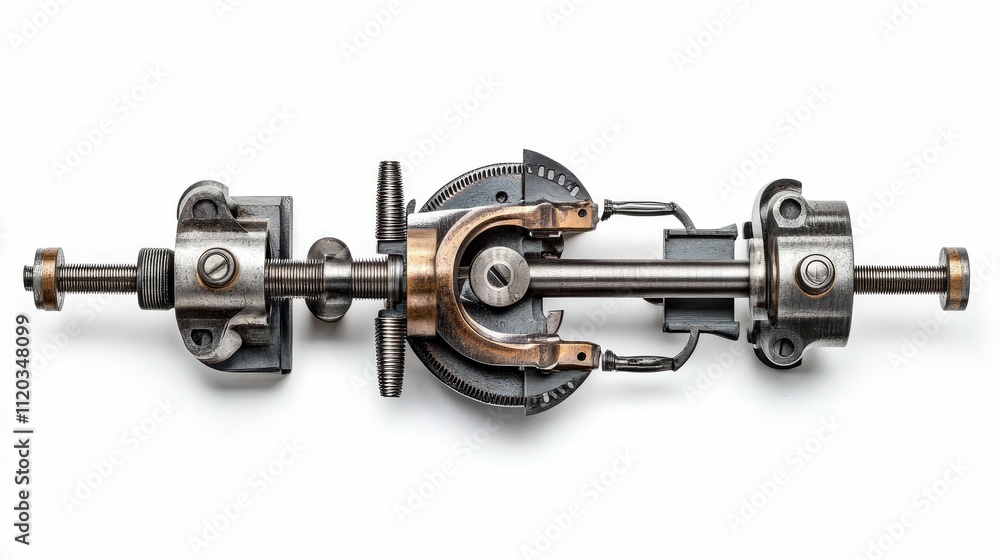 Disassembled metallic device, intricate gears, screws. Disassembled metallic device, intricate gears, screws.