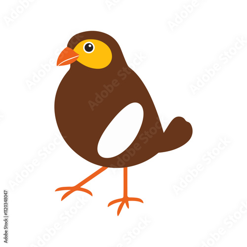Flat vector illustration of a stylized myna bird with brown body, yellow eye patch, and orange beak, minimalistic design, cartoonish style, plain white background