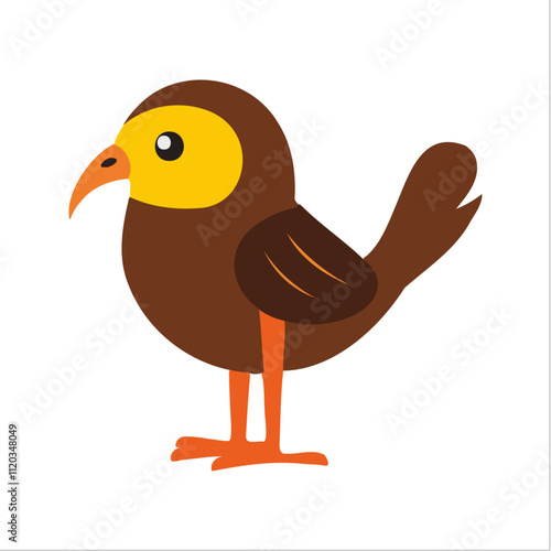 Flat vector illustration of a stylized myna bird with brown body, yellow eye patch, and orange beak, minimalistic design, cartoonish style, plain white background