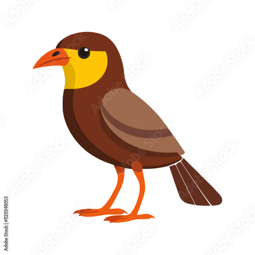 Flat vector illustration of a stylized myna bird with brown body, yellow eye patch, and orange beak, minimalistic design, cartoonish style, plain white background