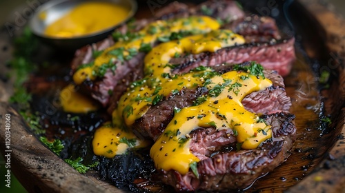 Barbecuing in the summer is a juicy Barbique a ribeye beef with mango mustard recipe photo