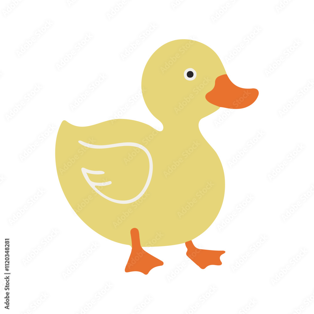Flat vector illustration of a stylized duck with yellow body, orange beak, and small feet, minimalistic design, cartoonish style, plain white background Flat vector illustration of a stylized duck with yellow body, orange beak, and small feet, minimalistic design, cartoonish style, plain white background