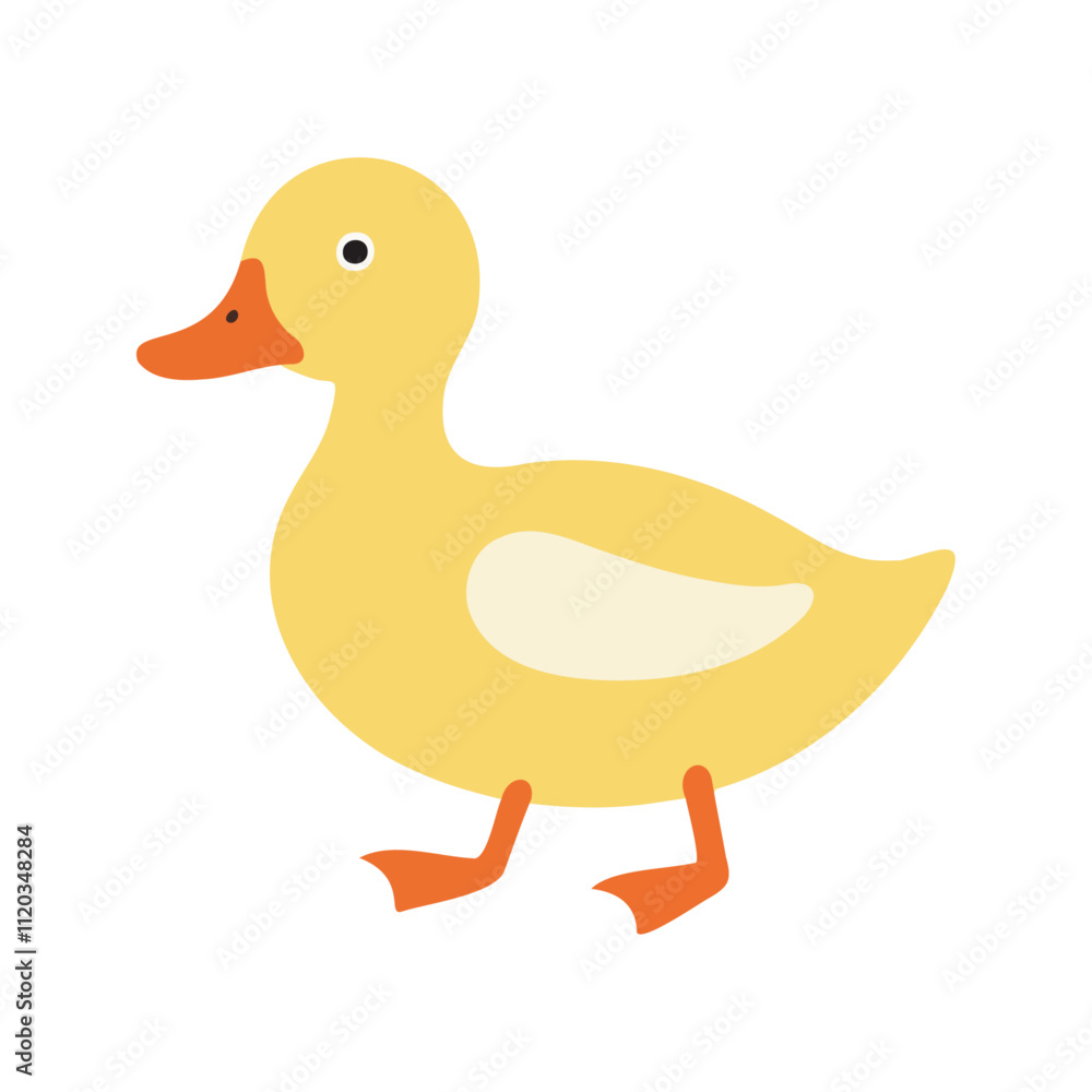 Flat vector illustration of a stylized duck with yellow body, orange beak, and small feet, minimalistic design, cartoonish style, plain white background Flat vector illustration of a stylized duck with yellow body, orange beak, and small feet, minimalistic design, cartoonish style, plain white background