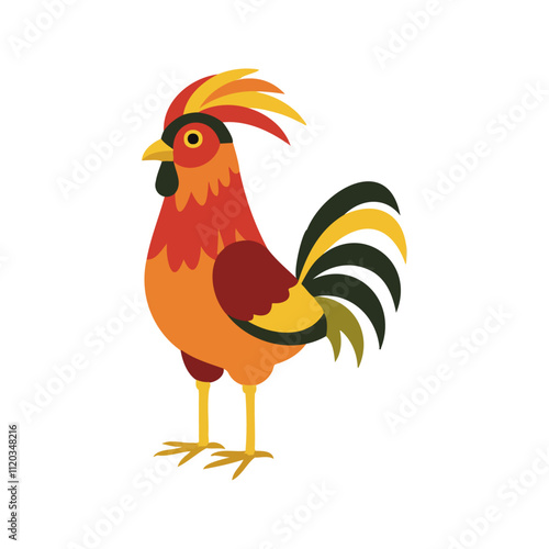 Flat vector illustration of a stylized jungle fowl with red-orange body, yellow beak, and long tail feathers, minimalistic design, plain white background