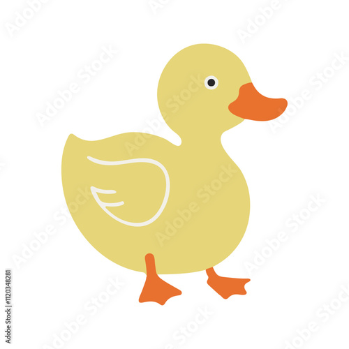 Flat vector illustration of a stylized duck with yellow body, orange beak, and small feet, minimalistic design, cartoonish style, plain white background