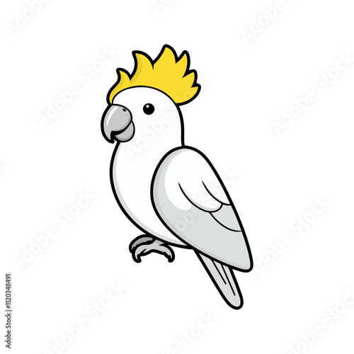 Flat vector illustration of a stylized cockatoo with white body, yellow crest, and light gray beak, minimalistic design, cartoonish style, plain white background