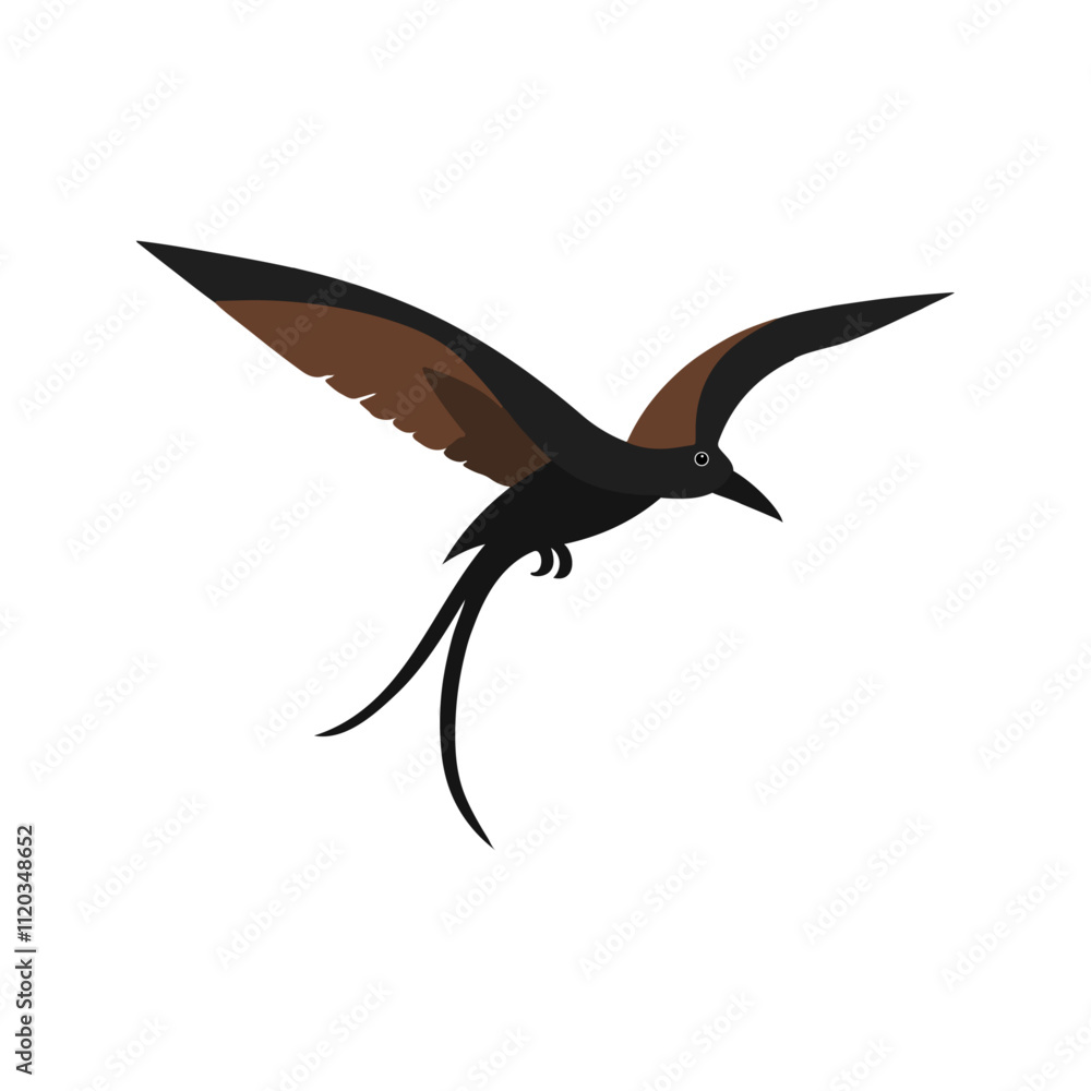 Flat vector illustration of a stylized black kite with brown-black body, forked tail, and sharp beak, minimalistic design, plain white background Flat vector illustration of a stylized black kite with brown-black body, forked tail, and sharp beak, minimalistic design, plain white background