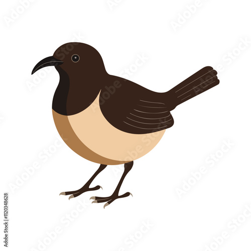 Flat vector illustration of a stylized bulbul with brown body, short curved beak, and medium tail, minimalistic design, plain white background