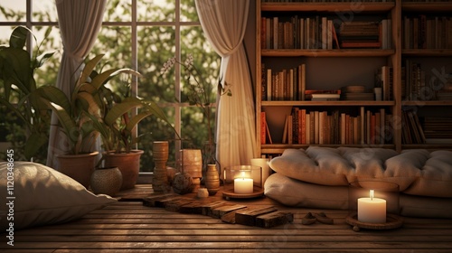 A photo of a cozy reading corner with yoga literature