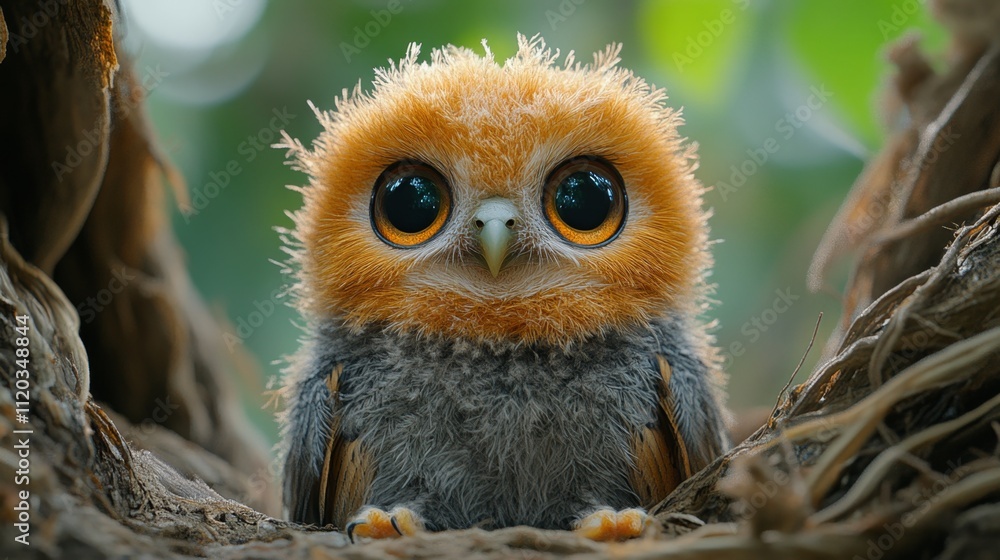 Pichón de búho pequeñito, con grandes ojos tiernos de bebé llenos de admiración y astucia. Pichón de búho pequeñito, con grandes ojos tiernos de bebé llenos de admiración y astucia.