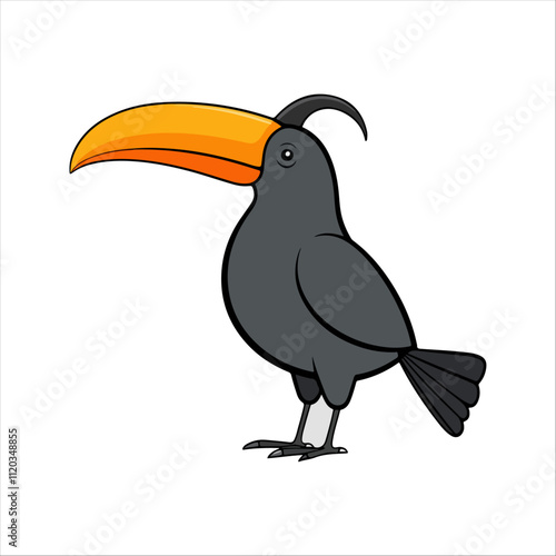 Flat vector illustration of a stylized hornbill with yellow-orange beak and dark gray body, minimalistic, cartoonish style, plain white background