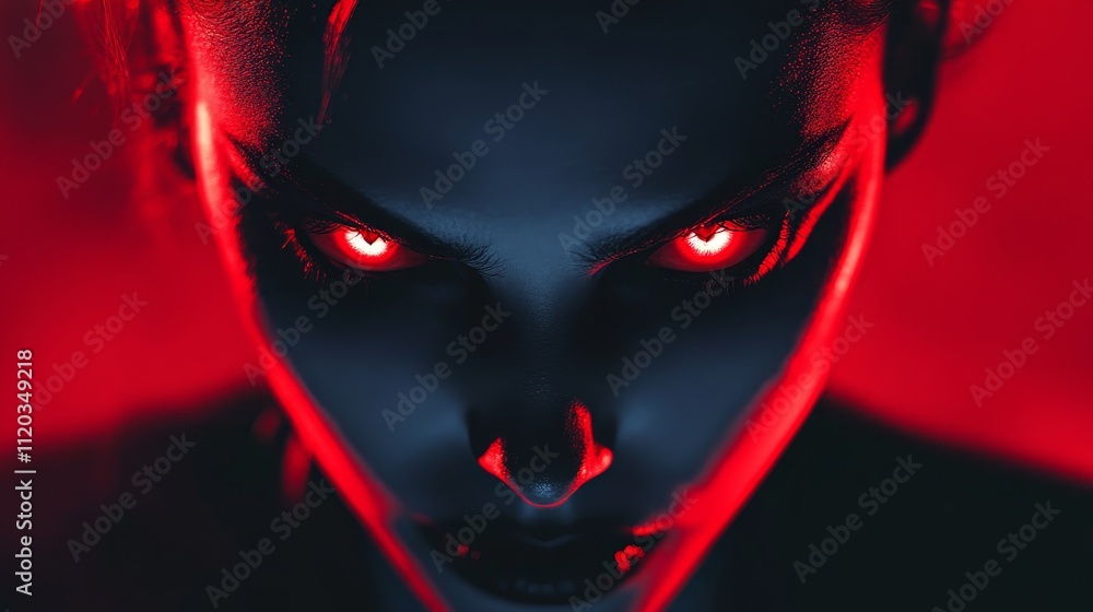 Fiery Gaze: A Woman's Intense Red-Eyed Portrait - Mysterious, intense, powerful, dark, evil; a woman with glowing red eyes stares intensely. Fiery Gaze: A Woman's Intense Red-Eyed Portrait - Mysterious, intense, powerful, dark, evil; a woman with glowing red eyes stares intensely.
