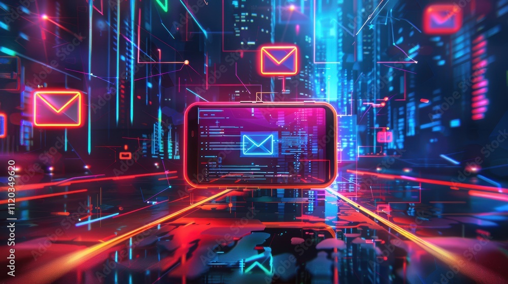 Fototapeta premium Futuristic Cityscape with Smartphone Email Notification - Modern Communication Concept