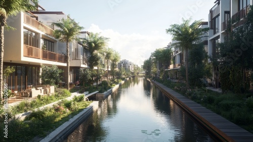 Luxury Waterfront Homes: Canal-Side Living - Modern architecture, waterfront property, tropical landscape, peaceful canal, luxury homes.