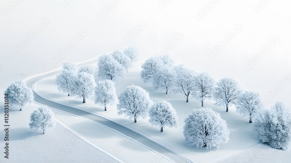 Fototapeta premium A snowy landscape with trees covered in snow, a white sky, and a path leading to the horizon.