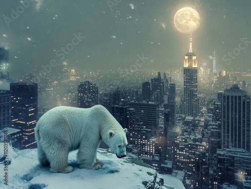 Imagen ficticia de oso polar vagando en New York. Concepto de invierno crudo y cambio climático. photo