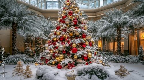 Luxurious Snow Covered Christmas Tree in Atrium - Festive Christmas tree, snow, luxury, winter wonderland, holiday cheer. photo