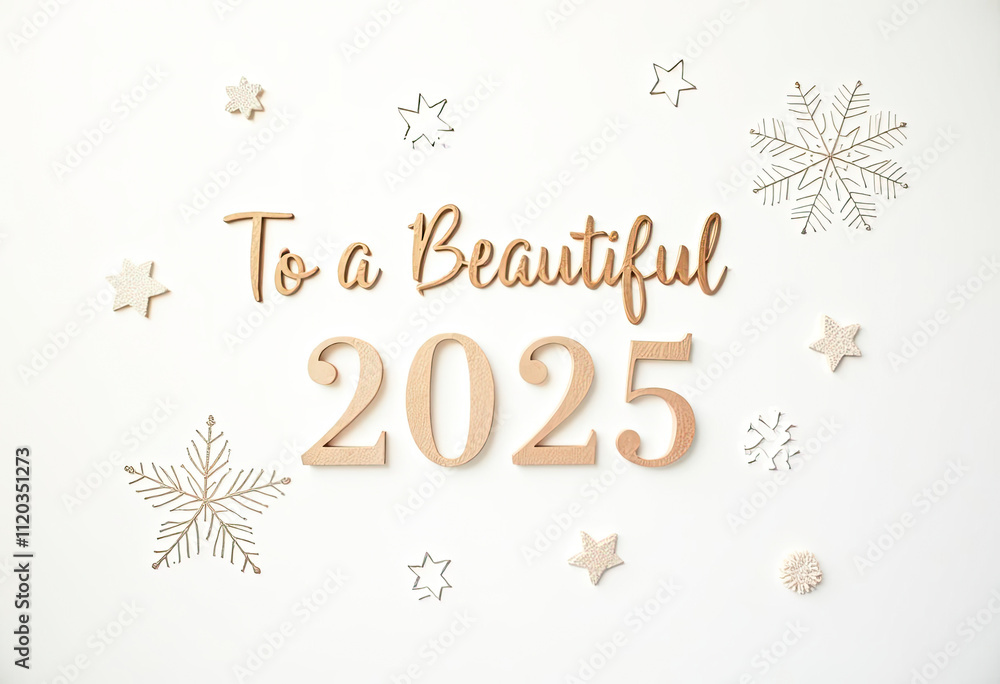 Obraz premium Happy New Year 2025 wishes with wooden text To a Beautiful 2025 surrounded by decorative stars and snowflakes on white background New Years composition Festive mood winter holiday celebration