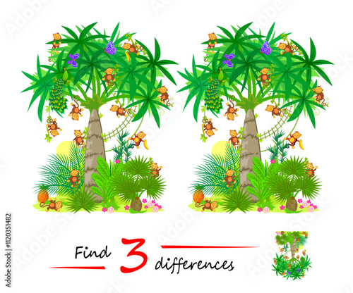 Find 3 differences. Illustration of funny monkeys climbing palm trees in the jungle. Logic puzzle game for children and adults. Page for kids brain teaser book. Flat vector drawing.