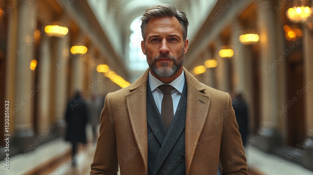 Fototapeta premium A well-dressed man stands confidently in a grand hallway during the evening